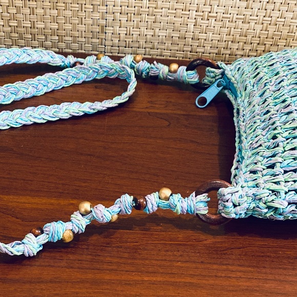 🌟HP🌟NWOT Boho Aqua & Wood Bead Toyo Straw Crossbody Bag by Cappelli Straworld - Picture 7 of 13